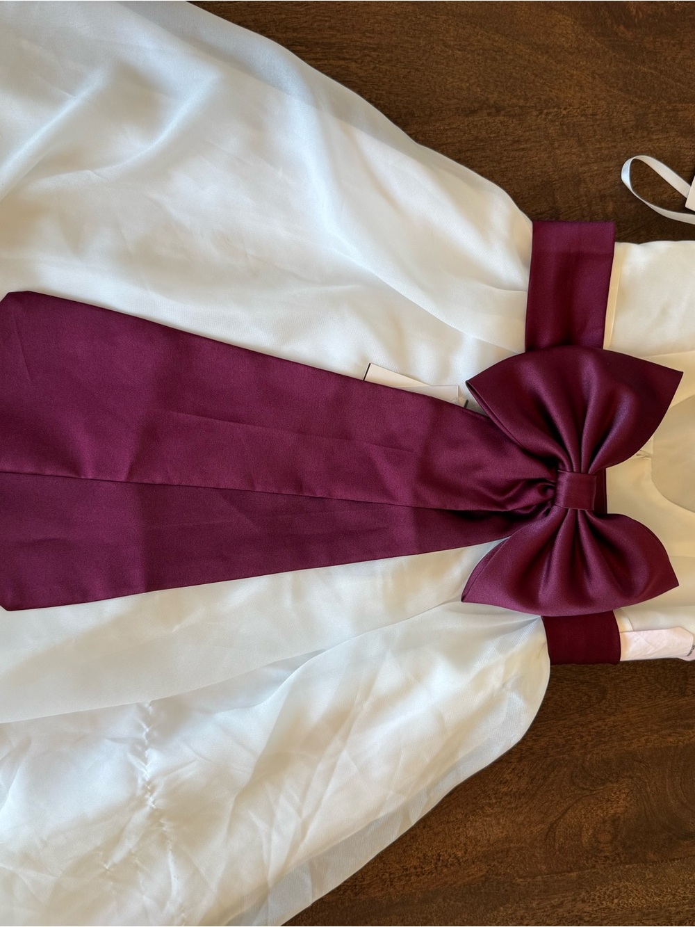 David's Bridal White Flower Girl Dress with Burgundy Sash - Picture 9 of 10